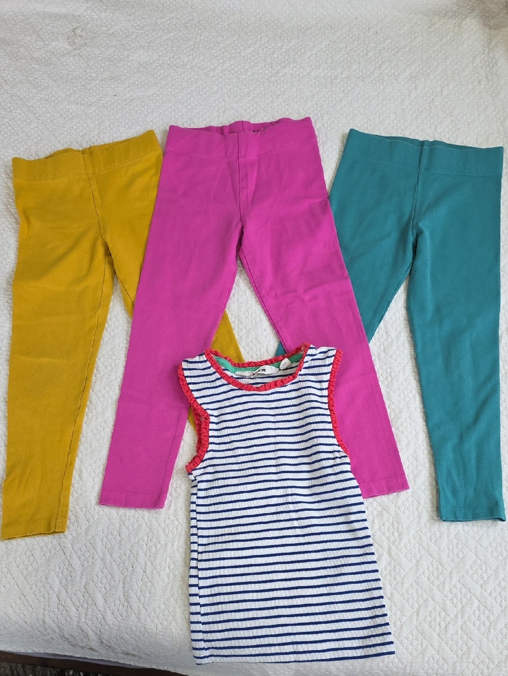 Mini Boden Bundle Girls' Colorful Leggings Trio+Striped Tank Pink Mustard Teal